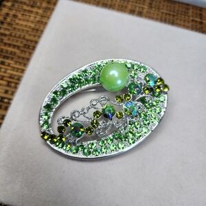 Silver and Green Crystal Oval Brooch Pin